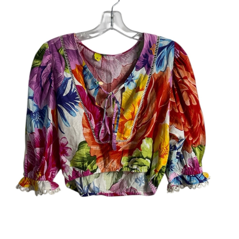 FARM Rio Bright Multicolor Floral Puff-Sleeve Tie Front Top